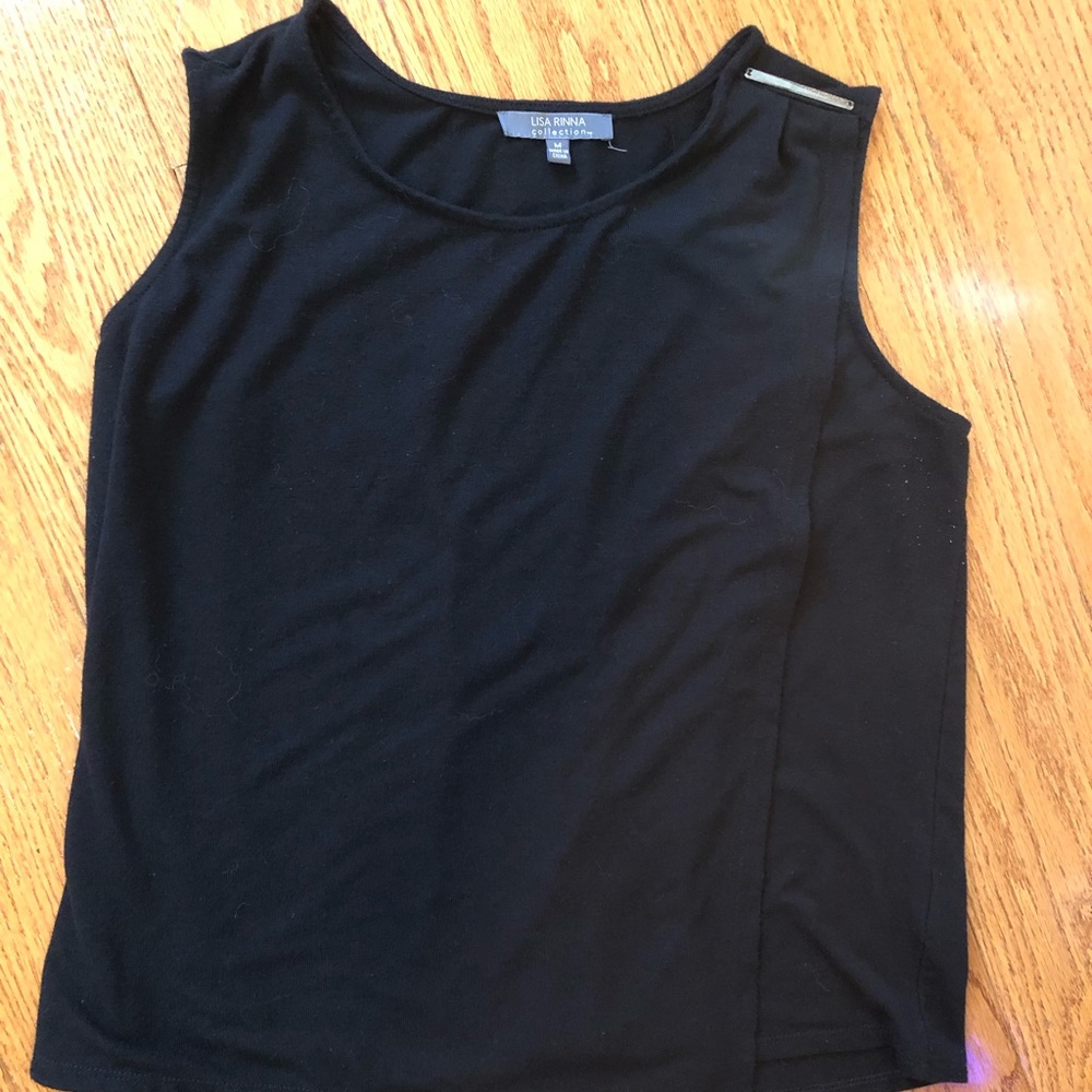 Lisa Rinna Collection Black Sleeveless Layered Top Gold Bar Detail Size M Chic